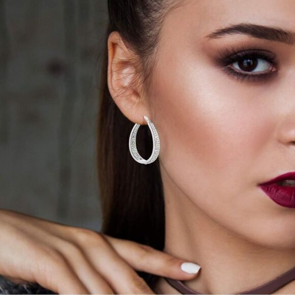 14K White Gold with Aurora Borealis Crystal U Shape French Lock Hoop Earrings - Picture 5 of 5